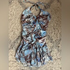 Mini blue and brown leopard halter dress